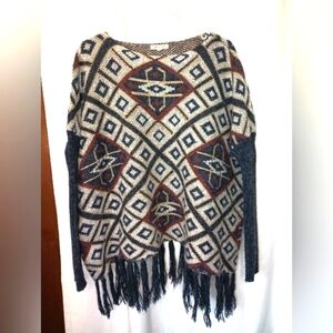 Tea N Rose Southwestern Aztec Poncho Sweater One Size Blue Red Fringe
